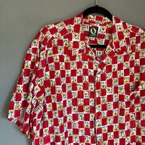Vintage QUE Men's Large Red Check Palm Tree Short Sleeve Hawaiian Shirt Retro